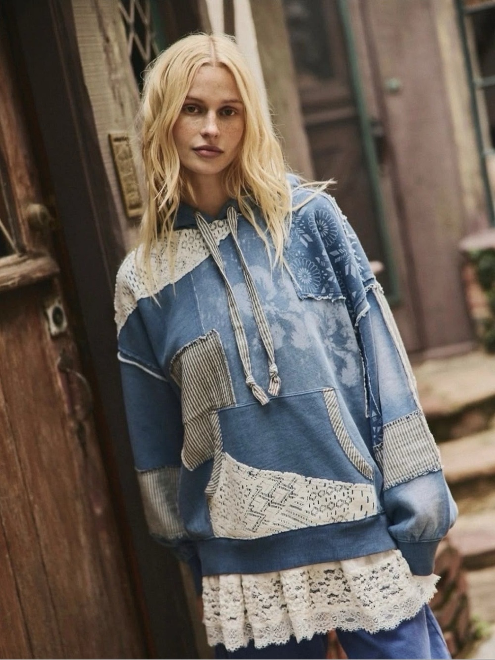 Free People Patchwork Lace-Trim Blue Pullover Hoodie